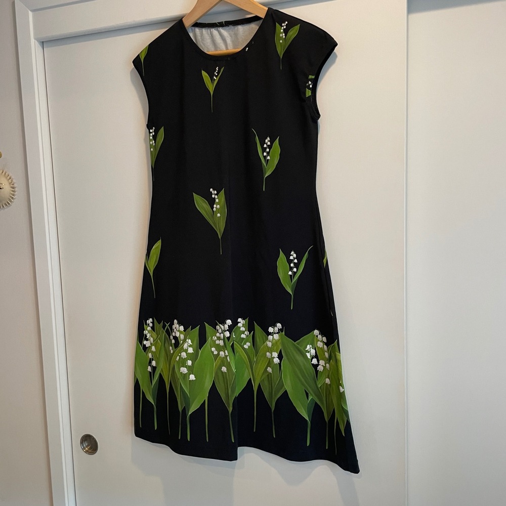 Black Lily of the Valley Print Cap Sleeve A-Line Dress from Finland - Picture 2 of 4